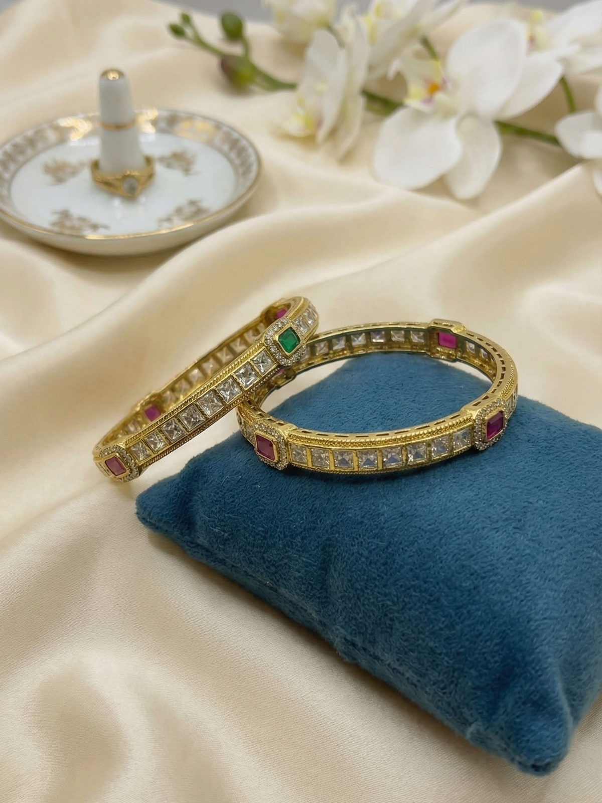 Royal Pink & Green CZ Stone Kundan Bangles