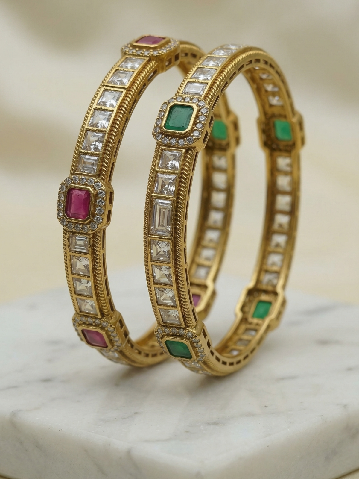 Royal Pink & Green CZ Stone Kundan Bangles