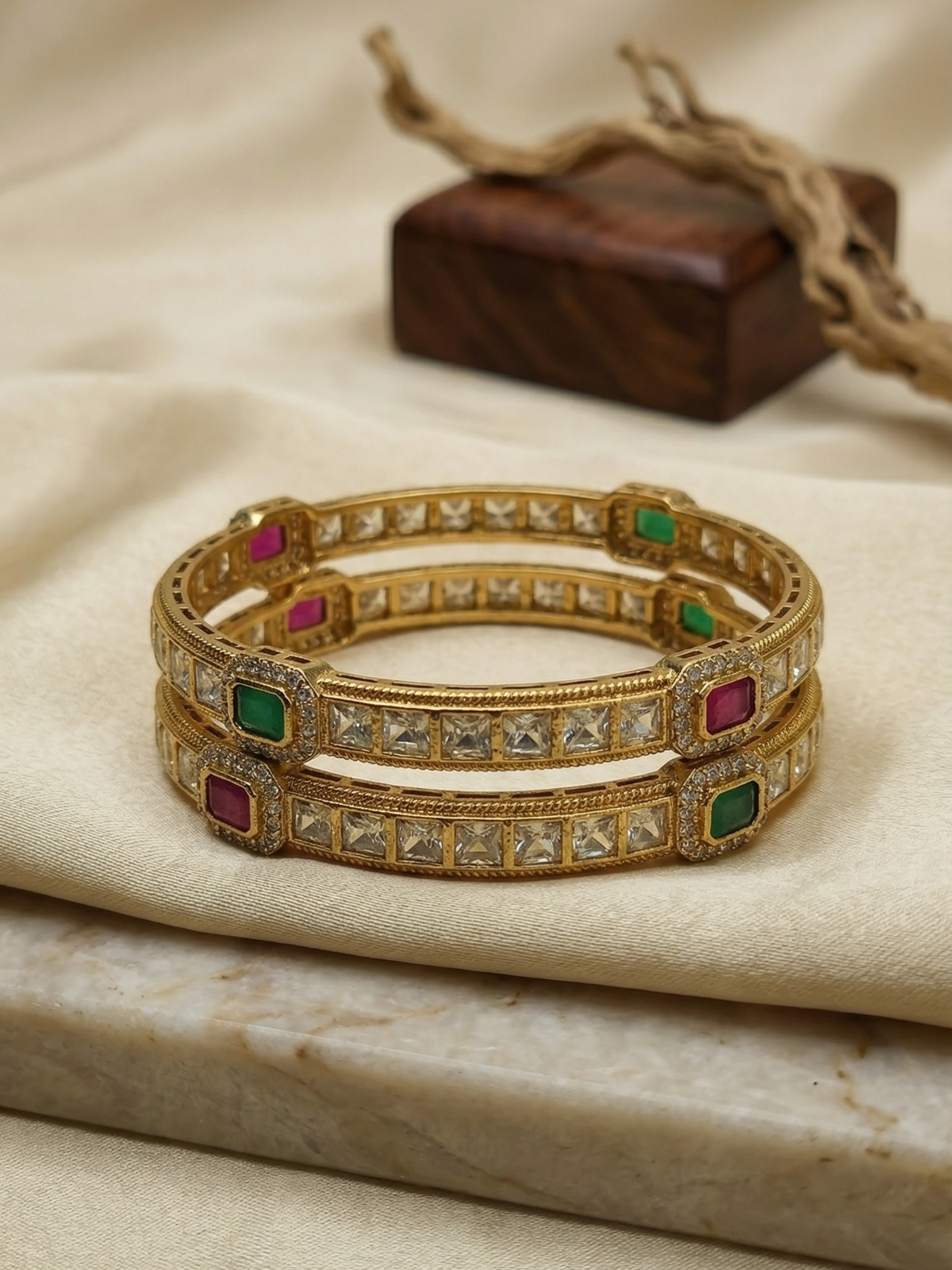 Royal Pink & Green CZ Stone Kundan Bangles