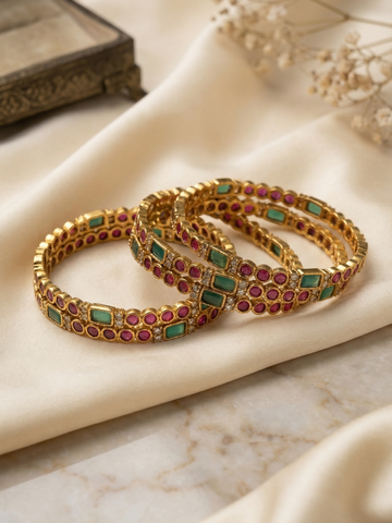 Antique Kemp Stone Bangles with Ruby & Emerald Green Stones-Set of 4