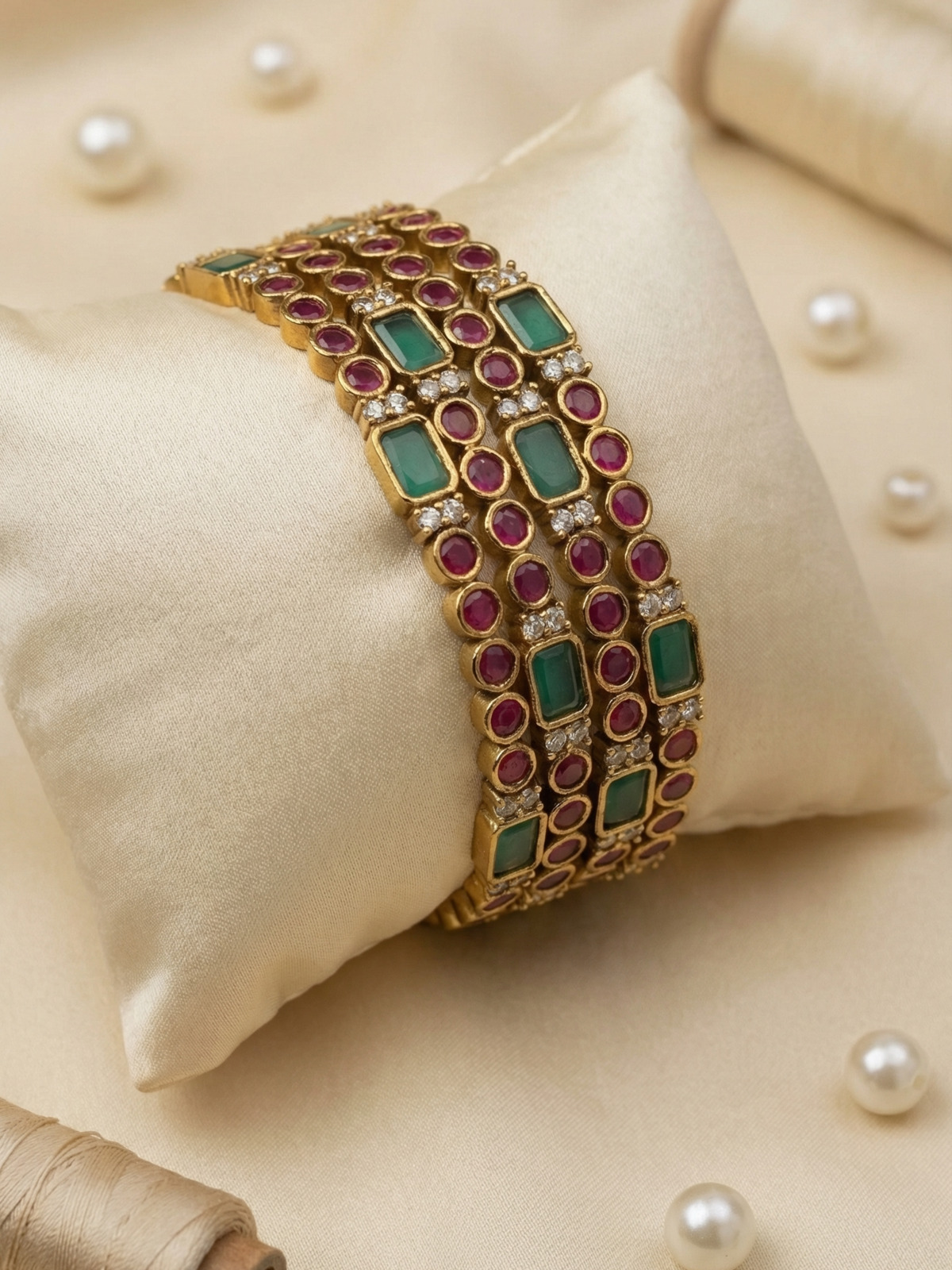 Antique Kemp Stone Bangles with Ruby & Emerald Green Stones-Set of 4