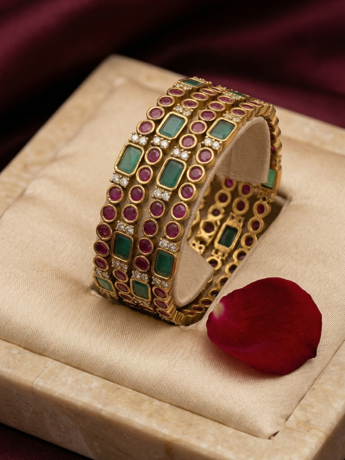 Antique Kemp Stone Bangles with Ruby & Emerald Green Stones-Set of 4