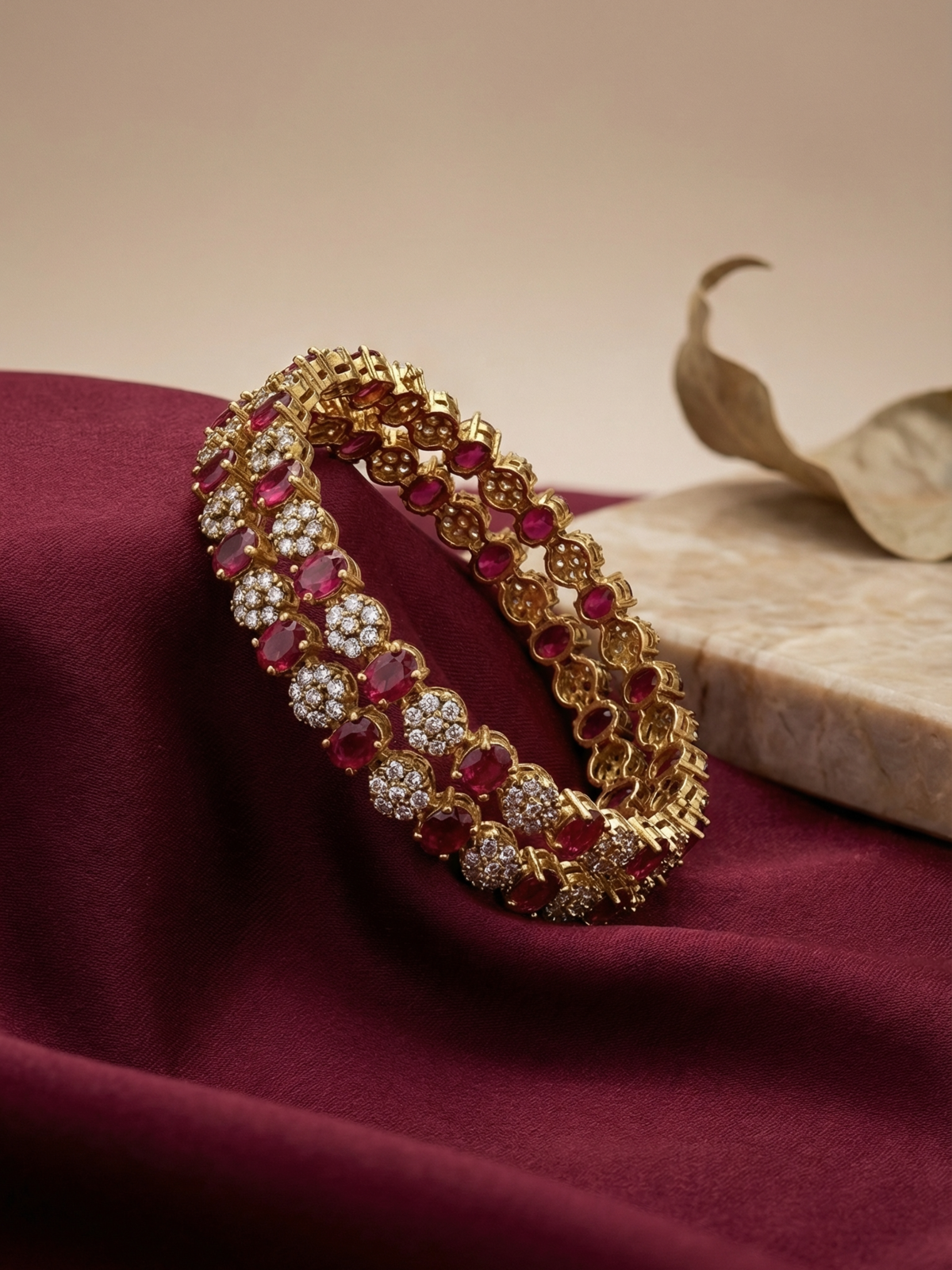 Royal Pink CZ Stone Gold-Plated Bangles (Set of 2)