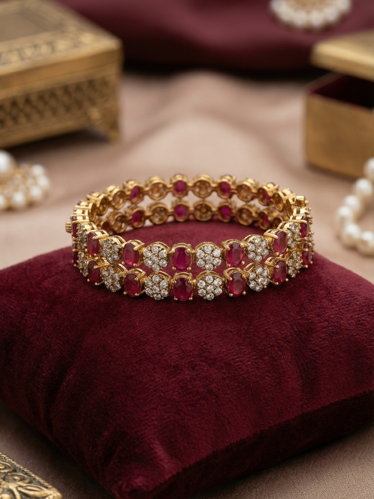 Royal Pink CZ Stone Gold-Plated Bangles (Set of 2)
