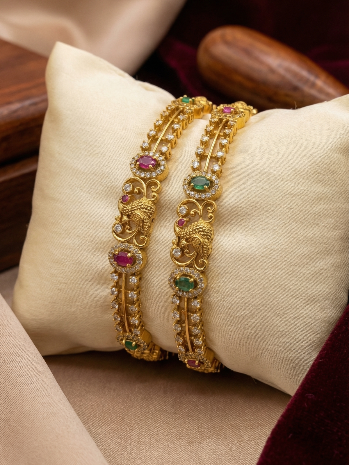 Antique Peacock Ruby & Emerald CZ Stone Bangles (Set of 2)