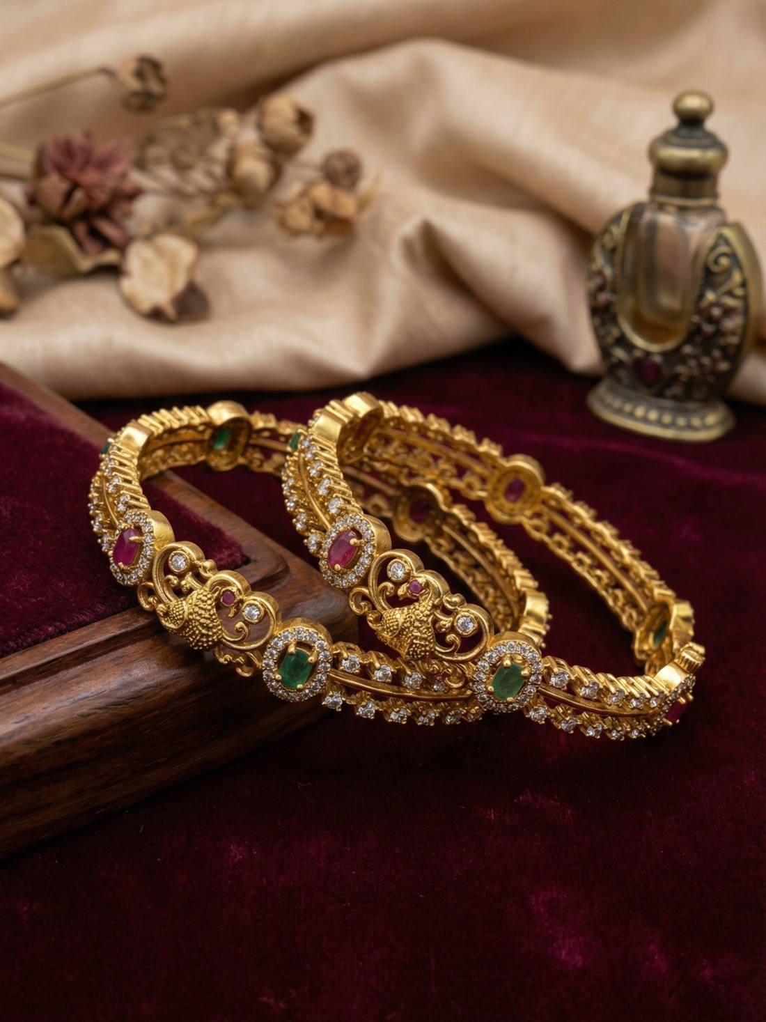 Antique Peacock Ruby & Emerald CZ Stone Bangles (Set of 2)