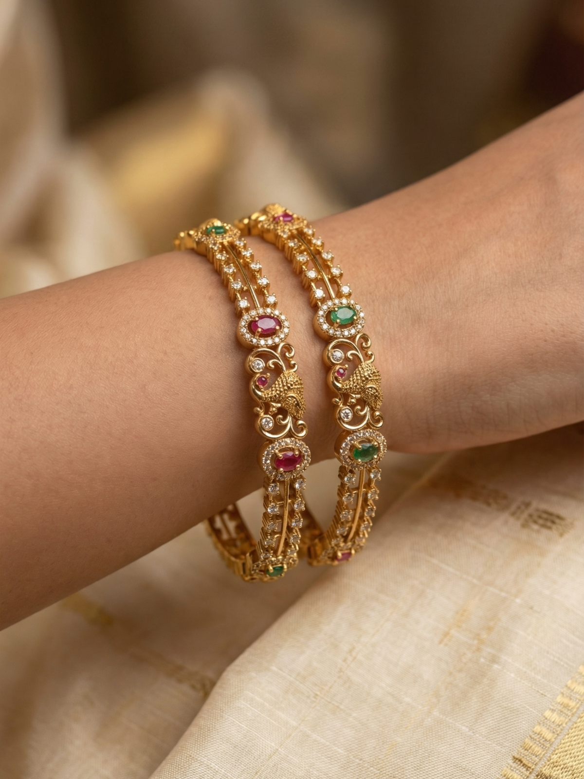 Antique Peacock Ruby & Emerald CZ Stone Bangles (Set of 2)