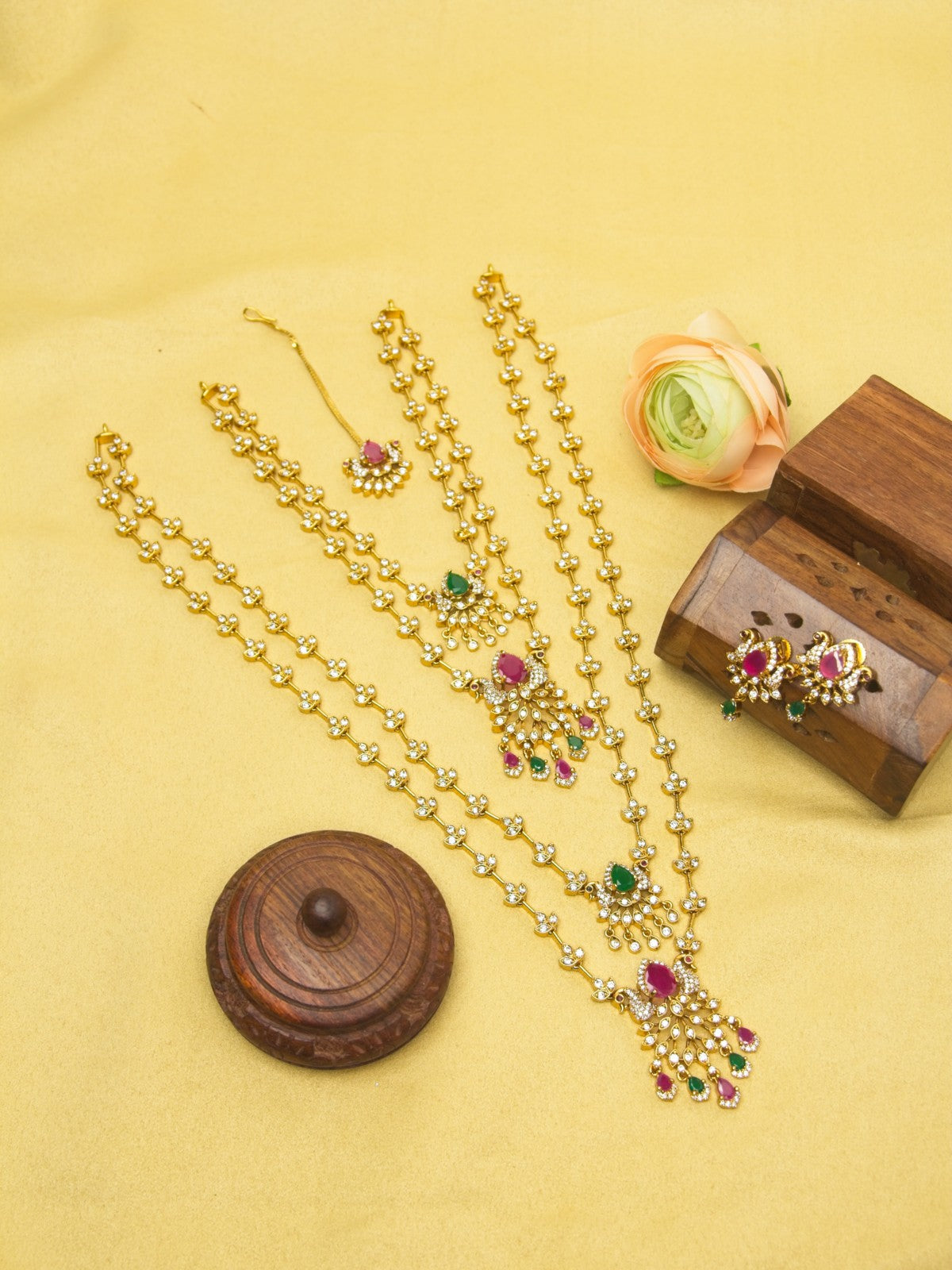 Grand Bridal Layered Necklace Set with CZ & Multicolor Stones – Wedding Jewellery