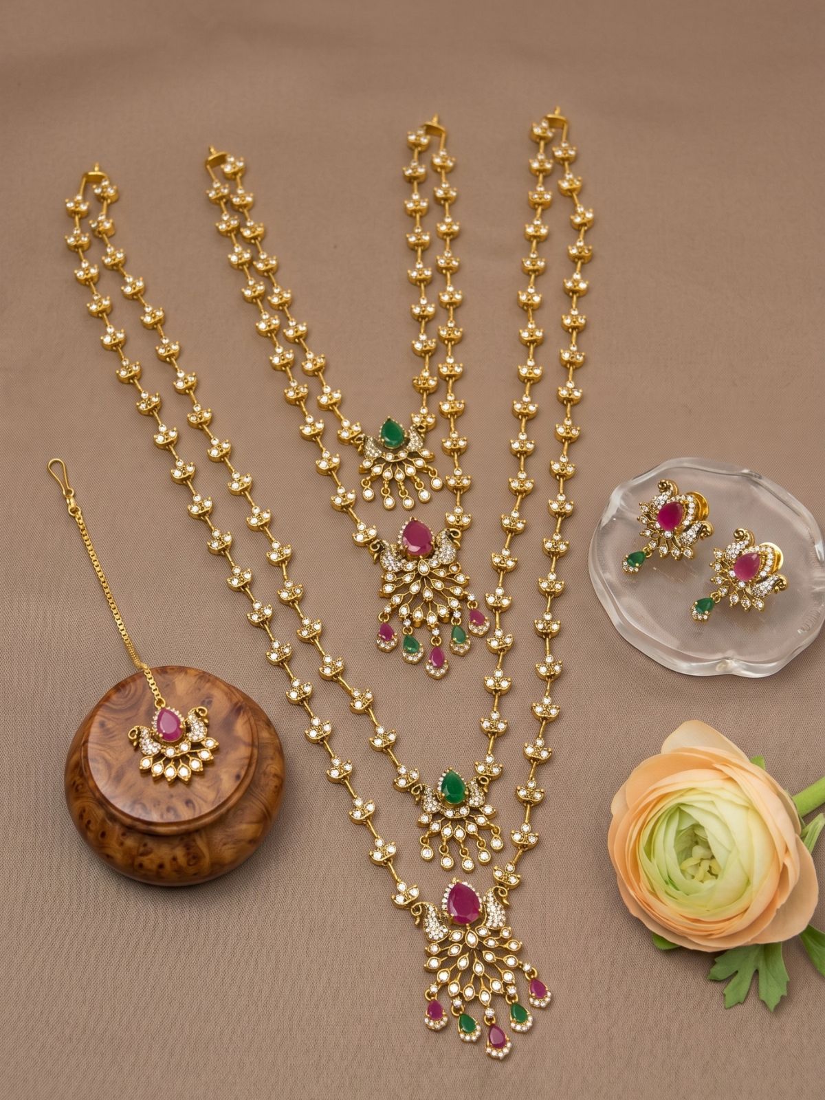 Grand Bridal Layered Necklace Set with CZ & Multicolor Stones – Wedding Jewellery