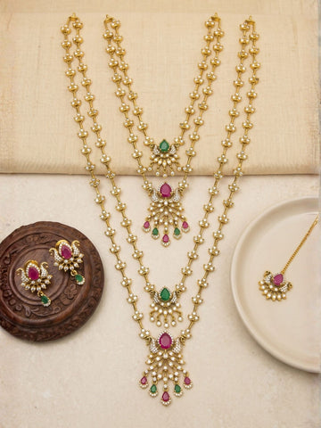 Grand Bridal Layered Necklace Set with CZ & Multicolor Stones – Wedding Jewellery