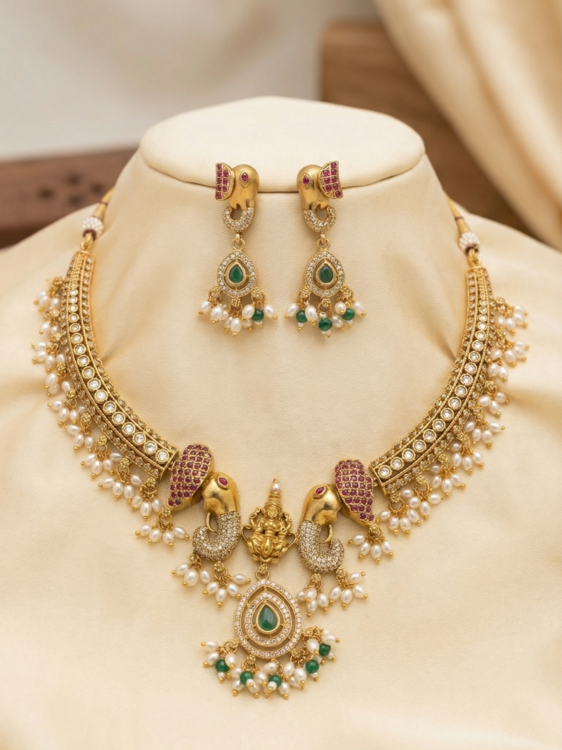 Antique Gold Lakshmi Elephant Hasli Necklace Set with Kemp Stones & Pearl Drops