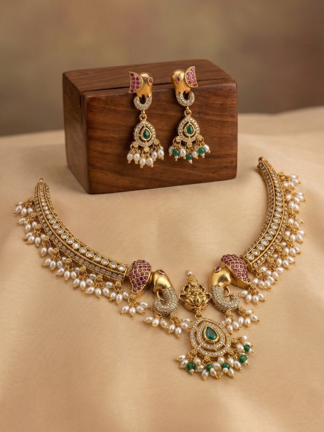 Antique Gold Lakshmi Elephant Hasli Necklace Set with Kemp Stones & Pearl Drops