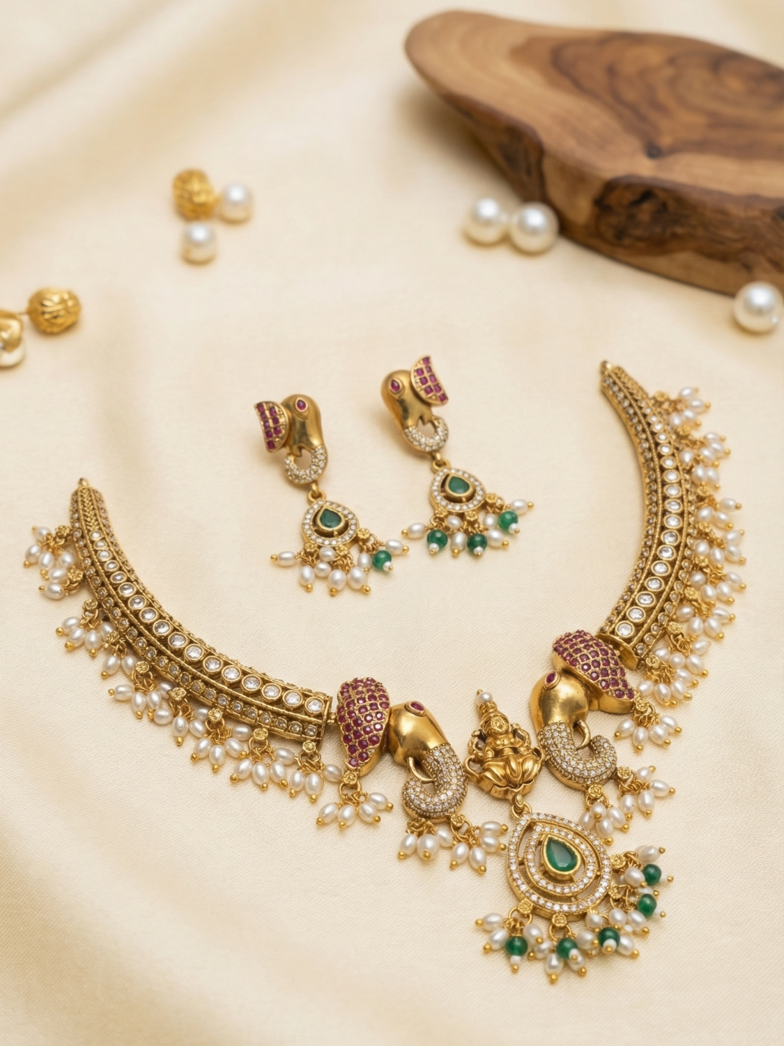 Antique Gold Lakshmi Elephant Hasli Necklace Set with Kemp Stones & Pearl Drops