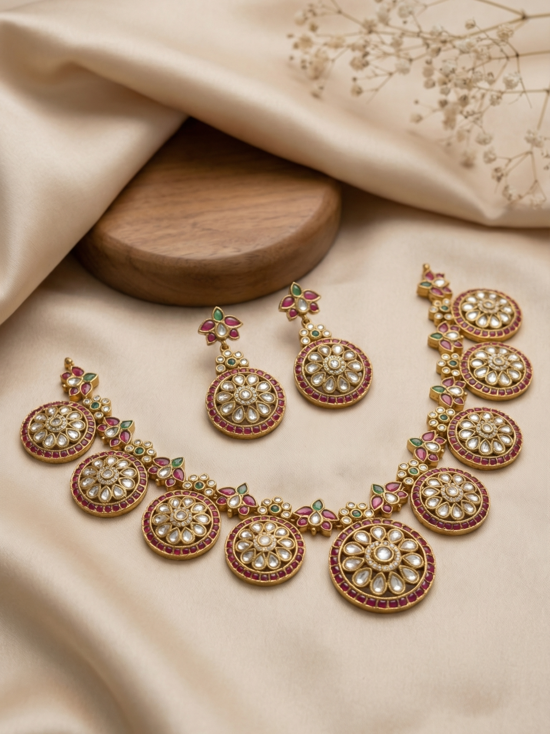 Antique Gold Kemp Stone Floral Bottu Necklace Set with Earrings