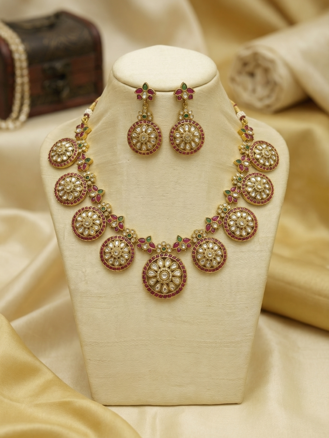 Antique Gold Kemp Stone Floral Bottu Necklace Set with Earrings