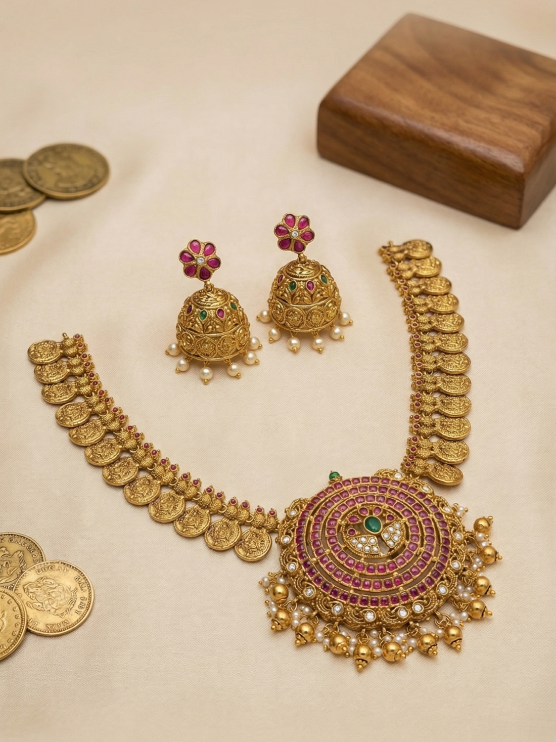 Mahalakshmi Kasu Haram with Kemp Stone and Jhumka Earrings