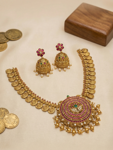 Kemp Stone Mahalakshmi Kasu Haram with Jhumkas