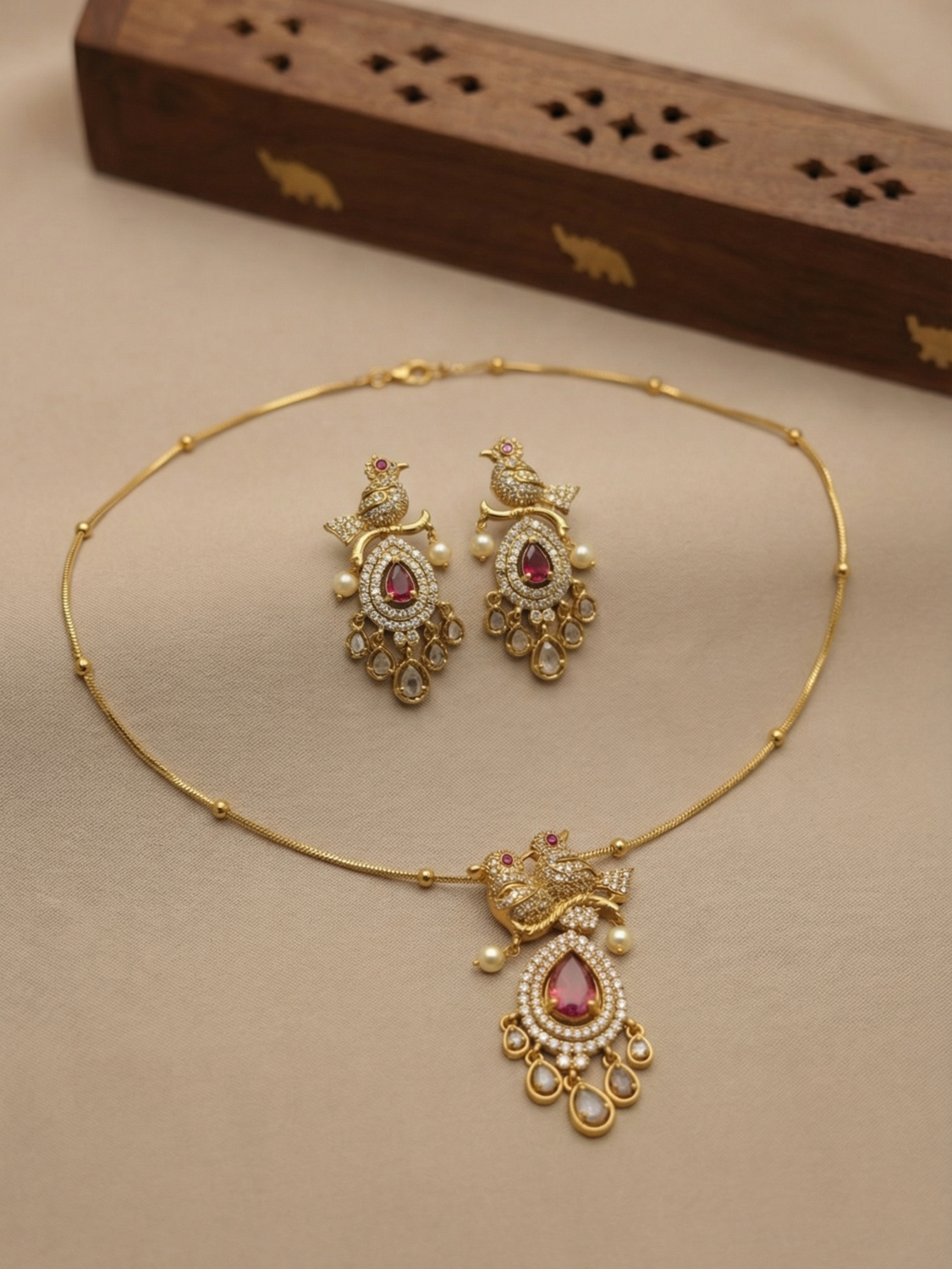 Twin Parrot  Stone Pendant Chain