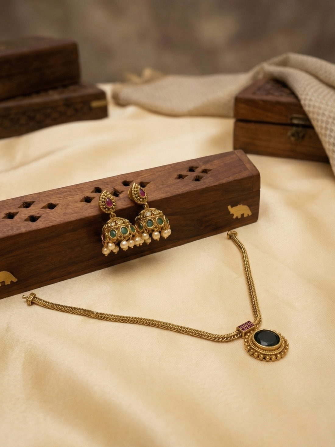 Emerald Green Stone Choker Set with Jhumka Earrings