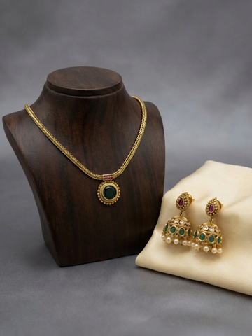 Emerald Green Stone Choker Set with Jhumka Earrings
