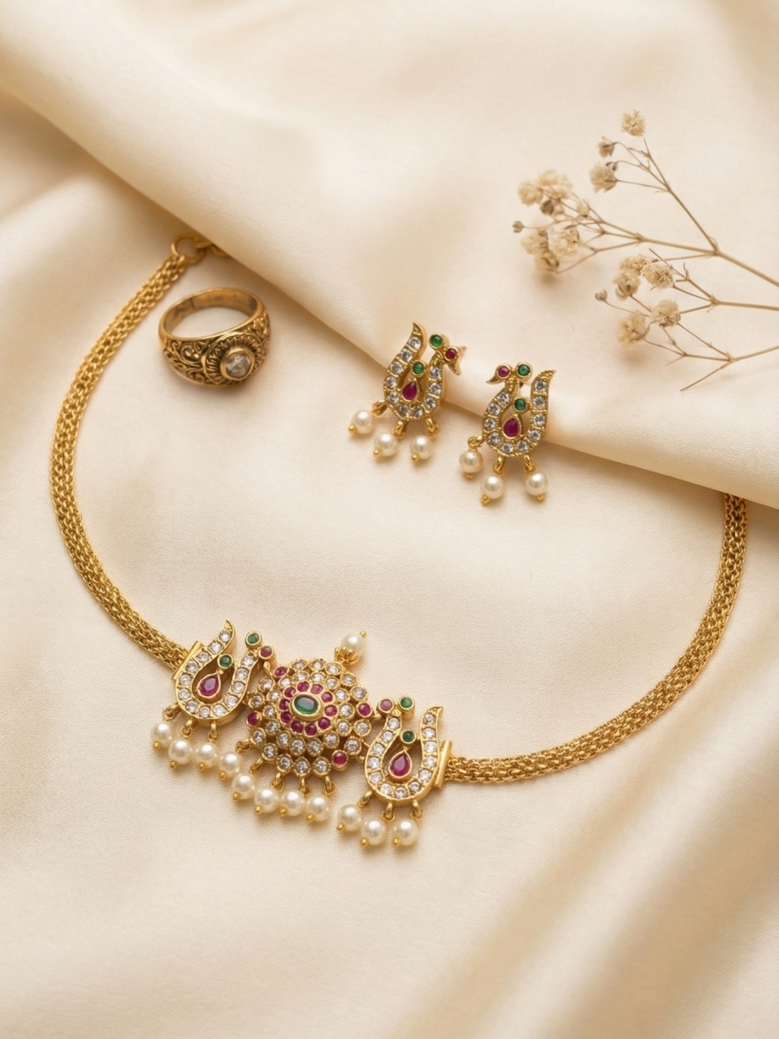 Royal Swan Temple Style Choker Set with Pearl Drops