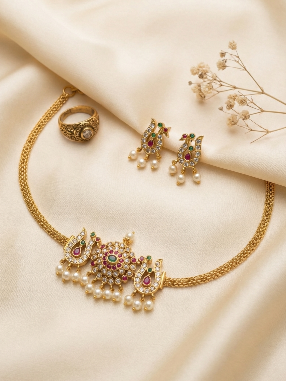 Royal Swan Temple Style Choker Set with Pearl Drops