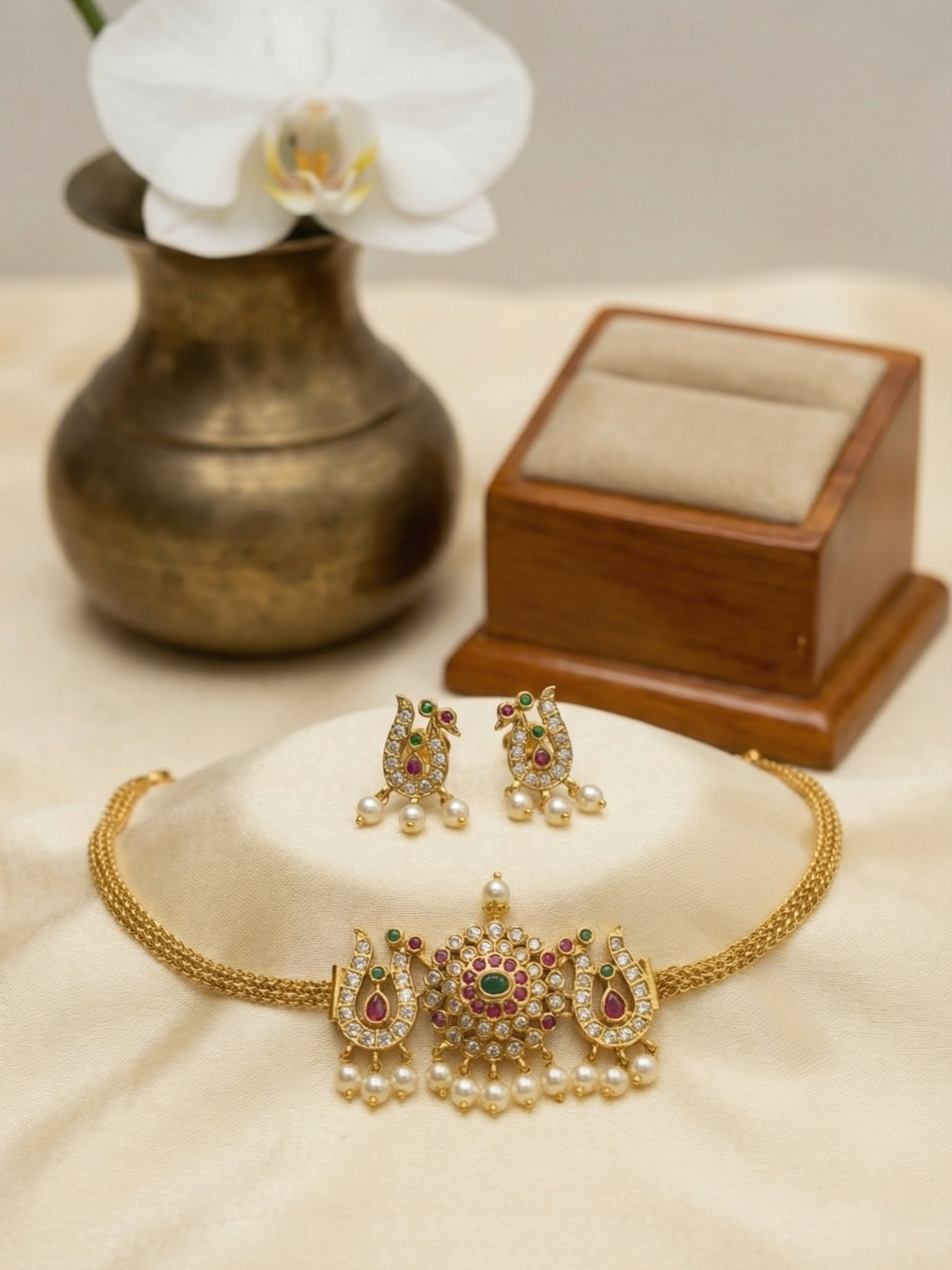 Royal Swan Temple Style Choker Set with Pearl Drops