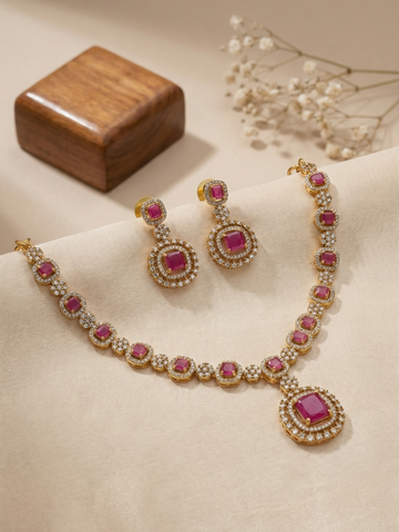 Antique Gold Ruby AD Pendant Necklace Set with Earrings