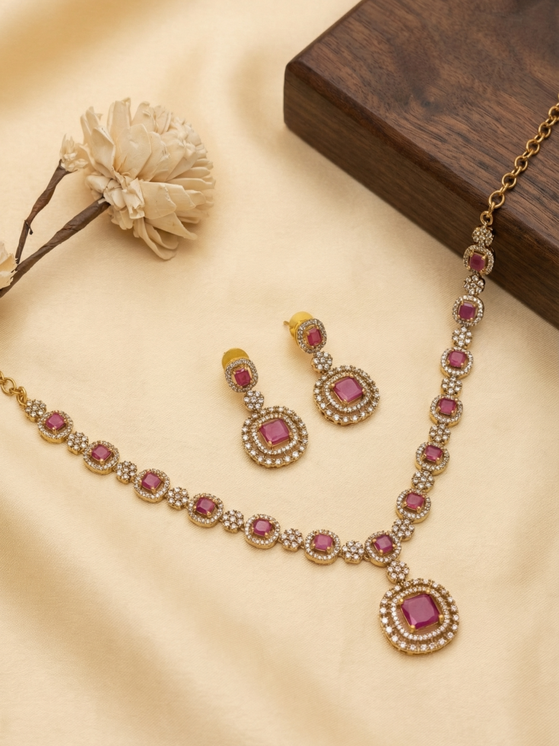 Antique Gold Ruby AD Pendant Necklace Set with Earrings