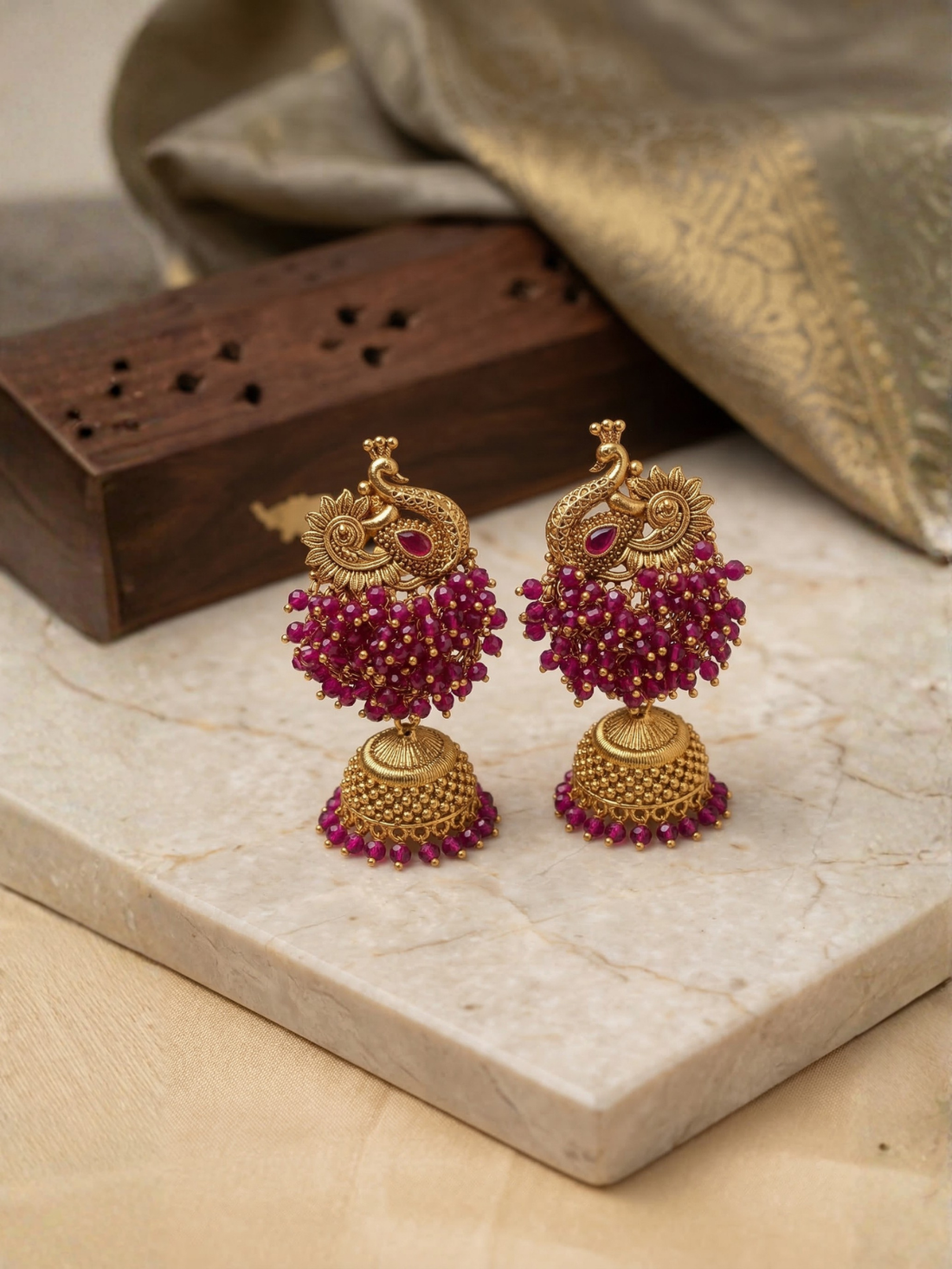 Ruby Beaded Peacock Jhumka Earrings – Antique Gold Traditional Temple Style