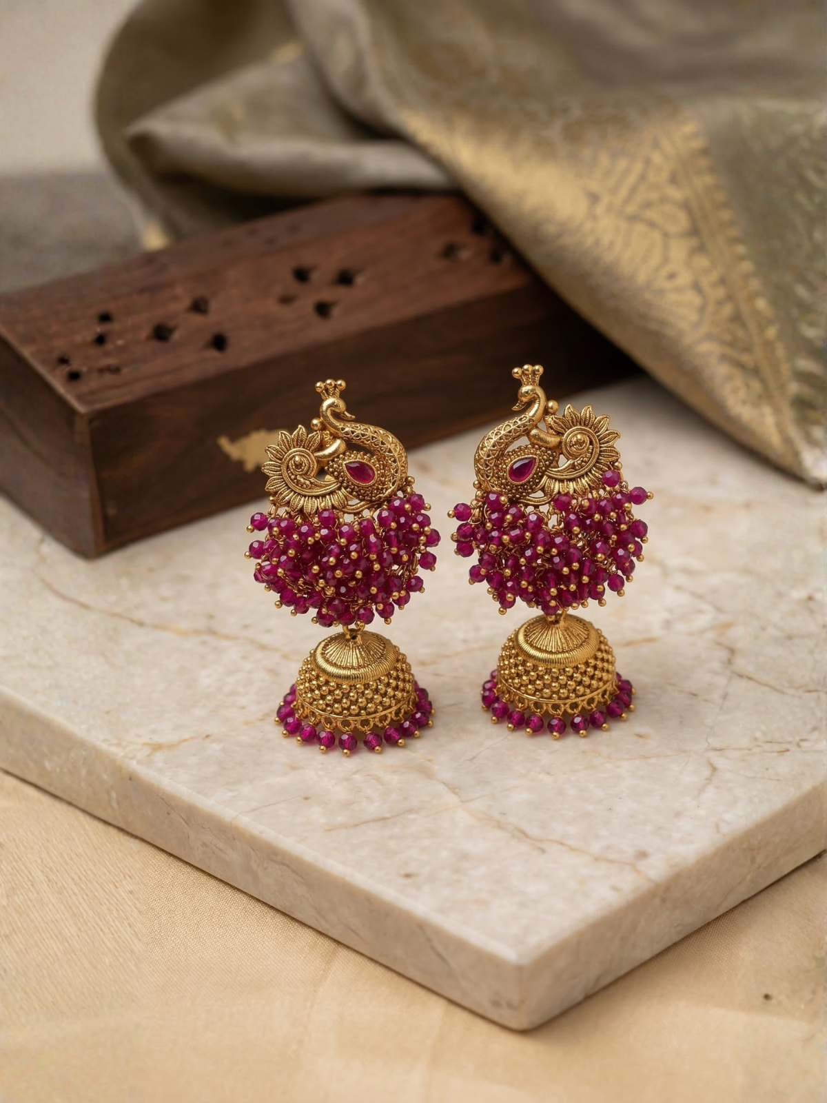 Ruby Beaded Peacock Jhumka Earrings – Antique Gold Traditional Temple Style