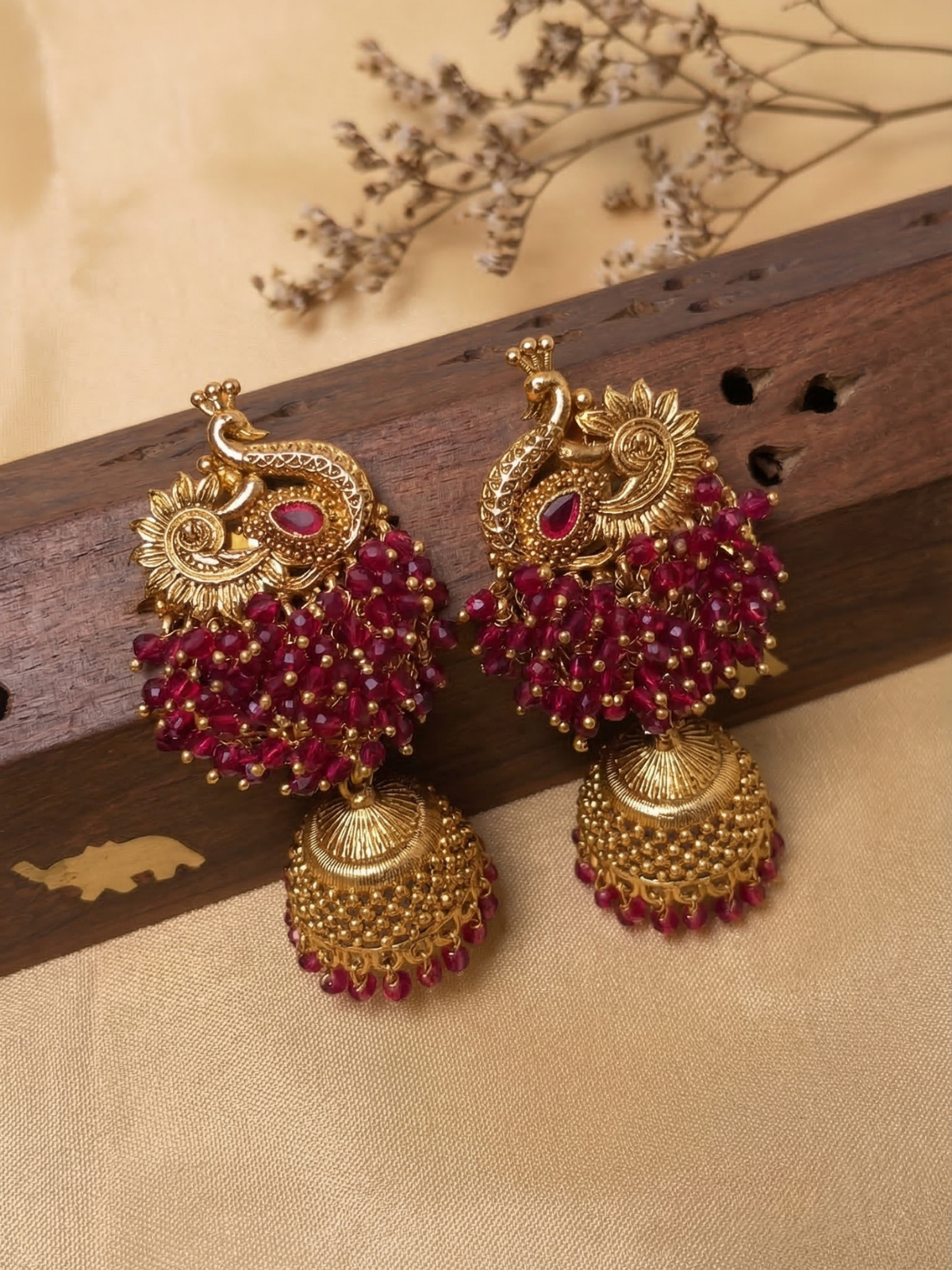Ruby Beaded Peacock Jhumka Earrings – Antique Gold Traditional Temple Style