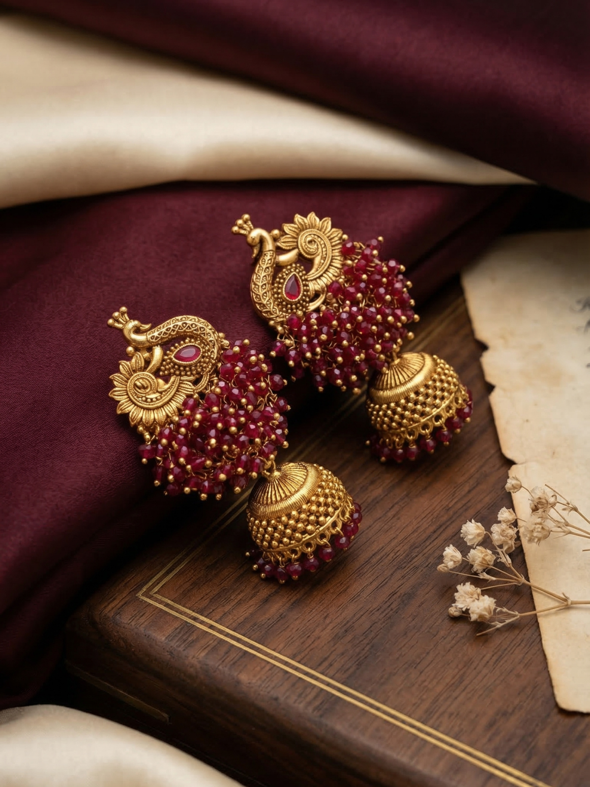 Ruby Beaded Peacock Jhumka Earrings – Antique Gold Traditional Temple Style