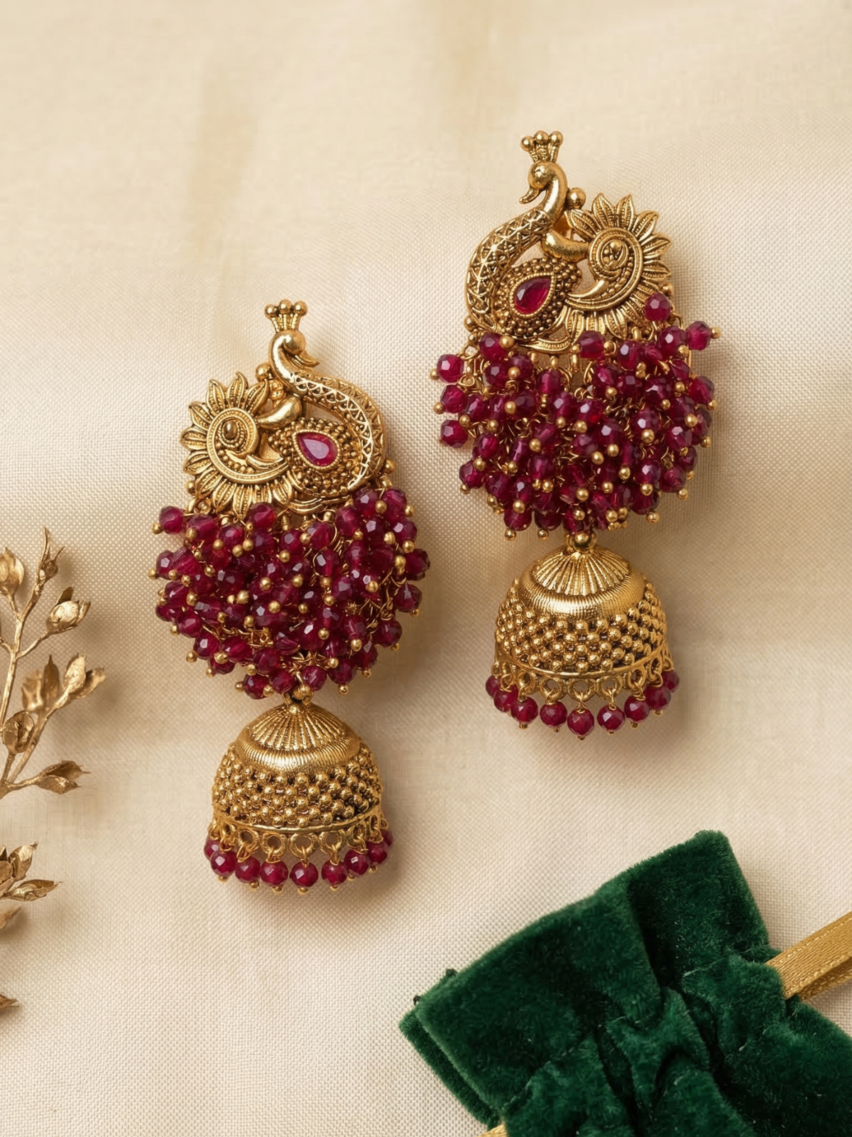 Ruby Beaded Peacock Jhumka Earrings – Antique Gold Traditional Temple Style