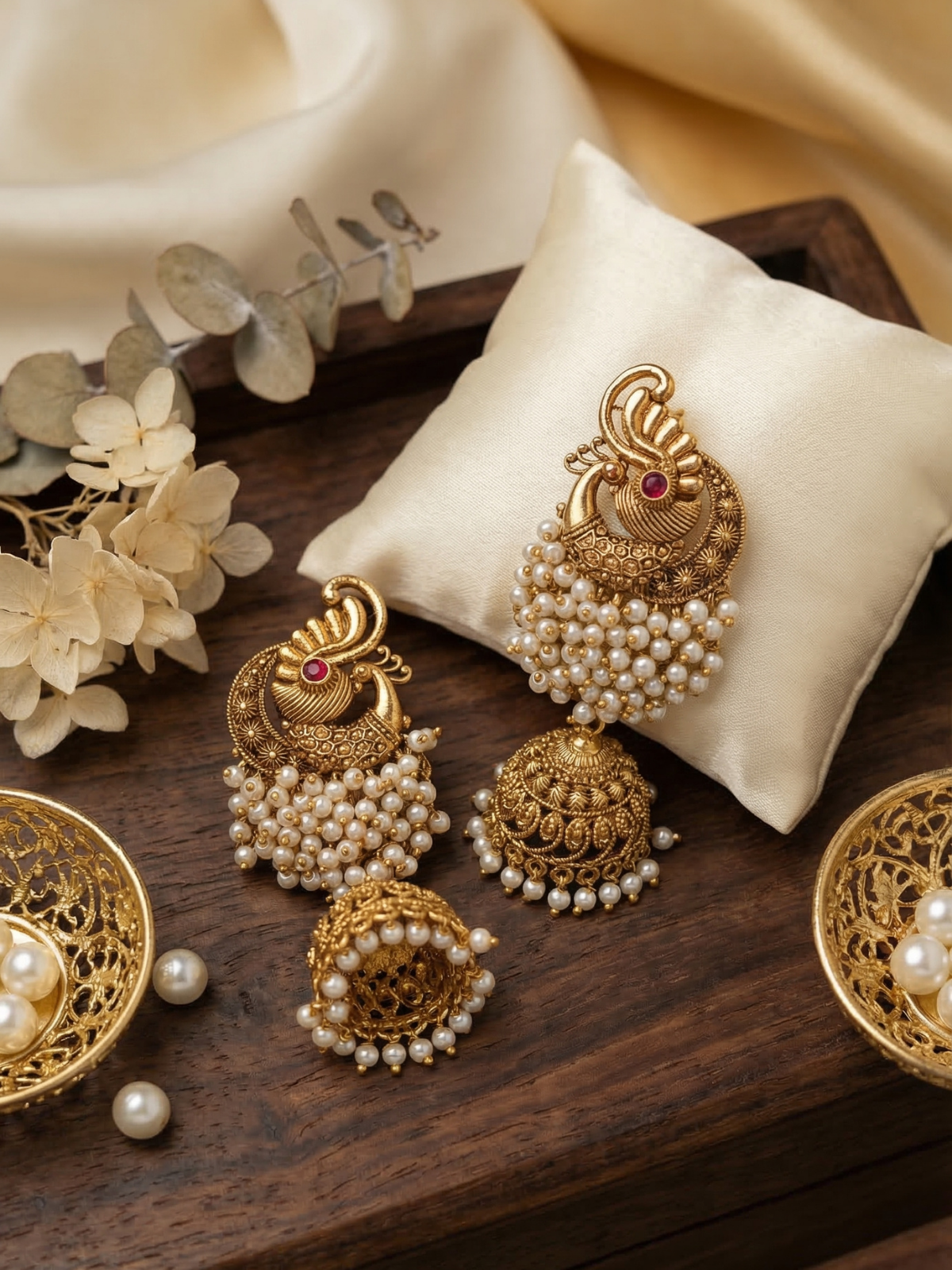 Antique Peacock White Bead Cluster Jhumka Earrings