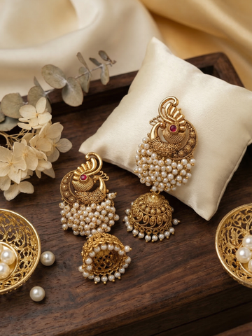 Antique Peacock White Bead Cluster Jhumka Earrings