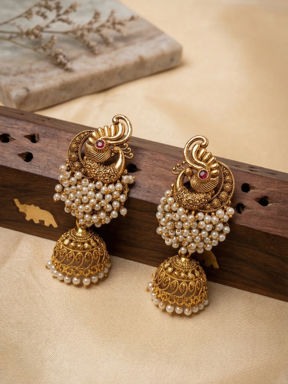 Antique Peacock White Bead Cluster Jhumka Earrings
