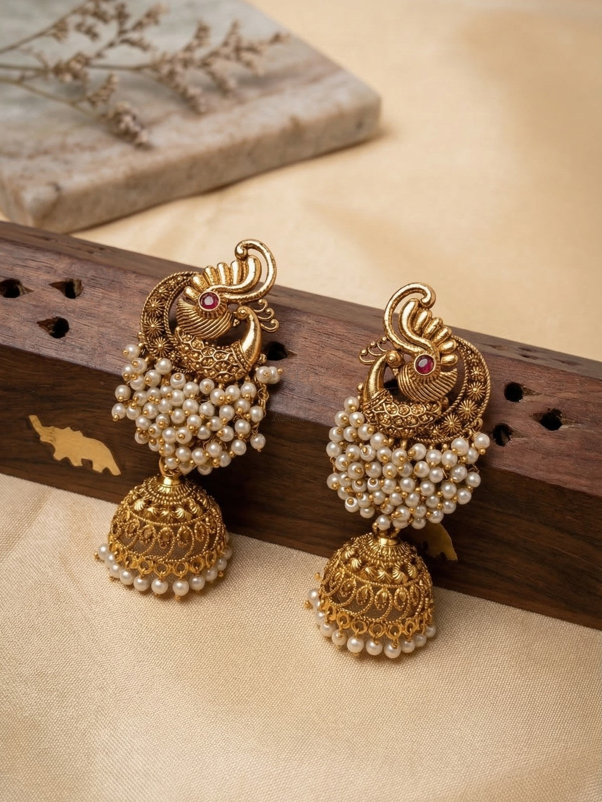 White Peacock Clustered Jhumka Earrings