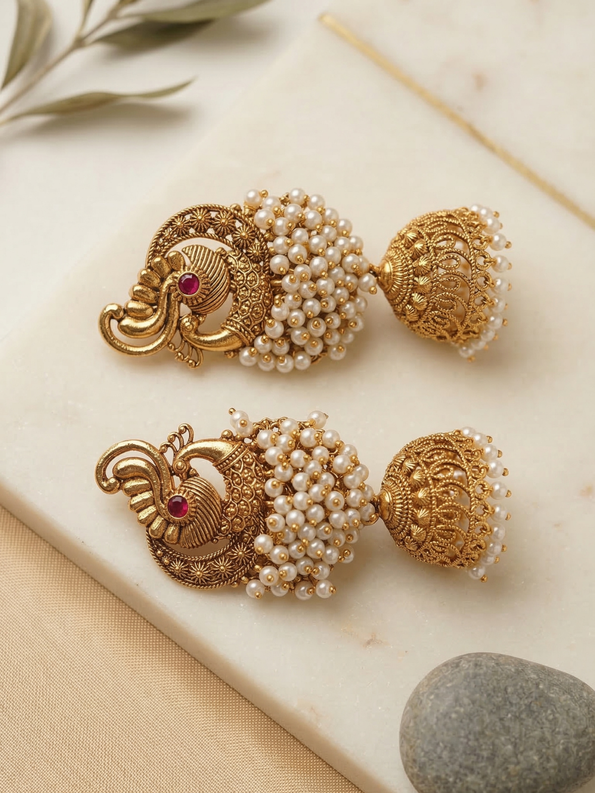 Antique Peacock White Bead Cluster Jhumka Earrings