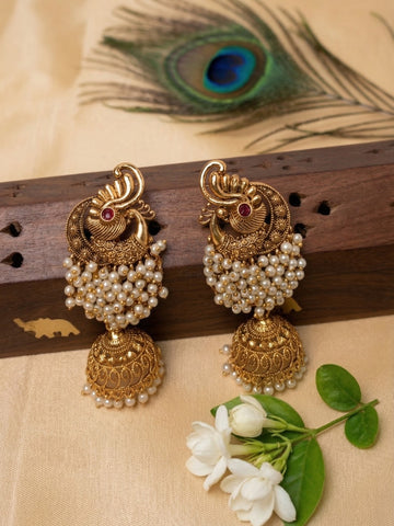 White Peacock Clustered Jhumka Earrings