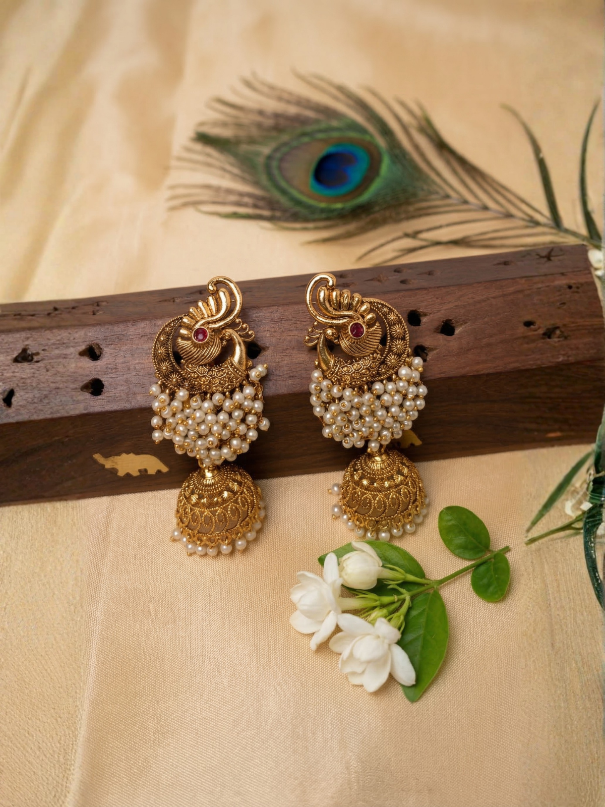 Antique Peacock White Bead Cluster Jhumka Earrings