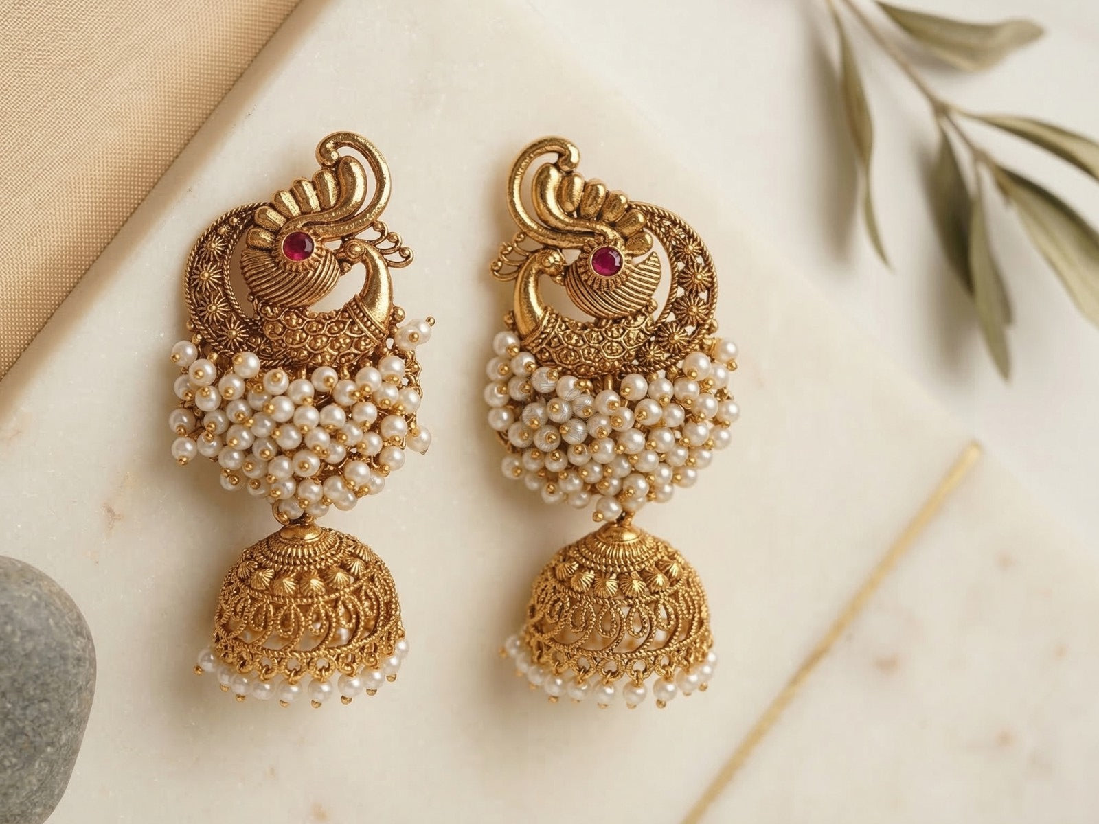 White Peacock Clustered Jhumka Earrings