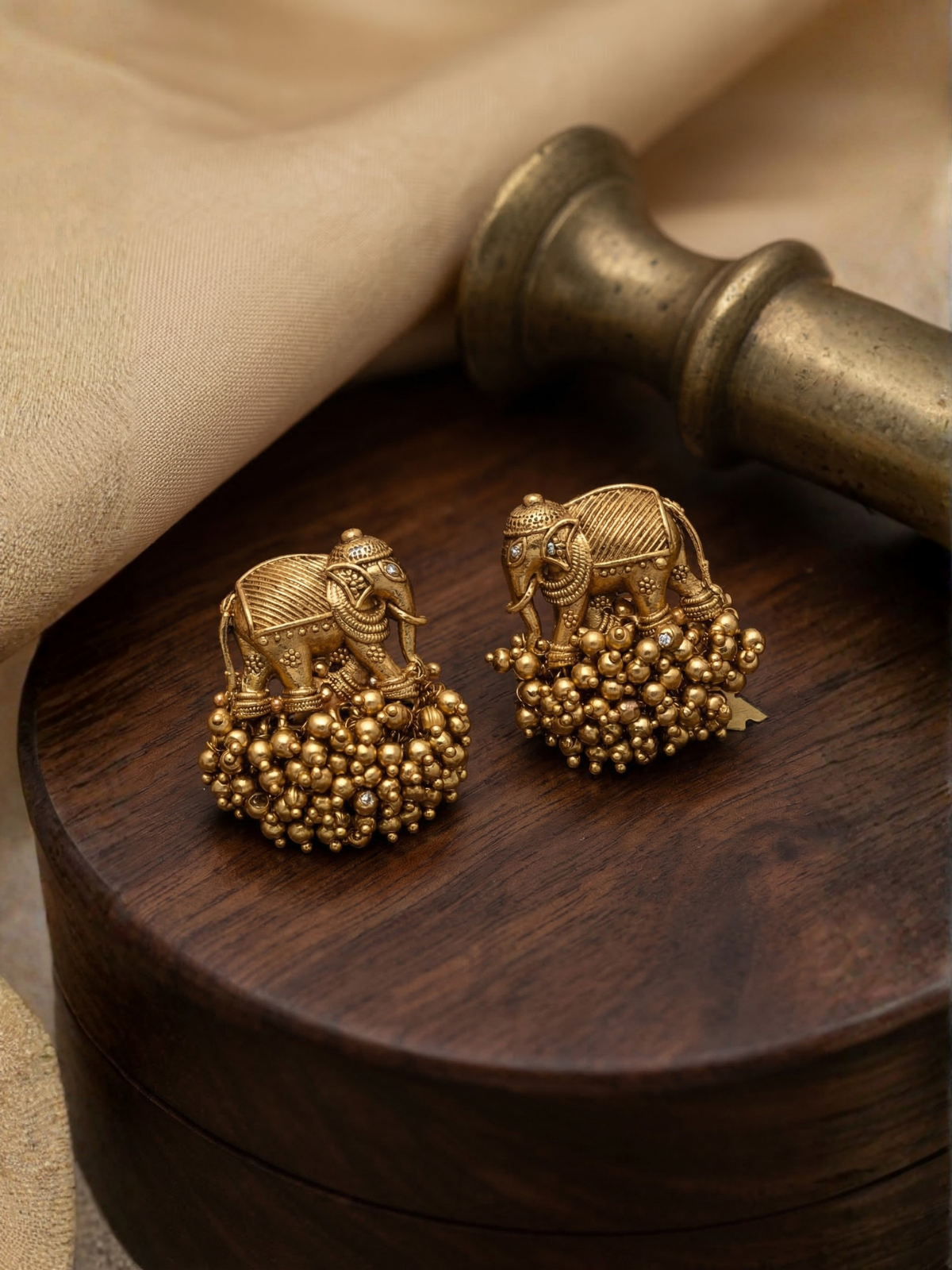 Antique Elephant Gold Bead Cluster Earrings – Temple Style Statement Studs