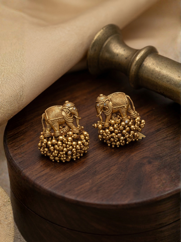 Antique Elephant Gold Bead Cluster Earrings – Temple Style Statement Studs