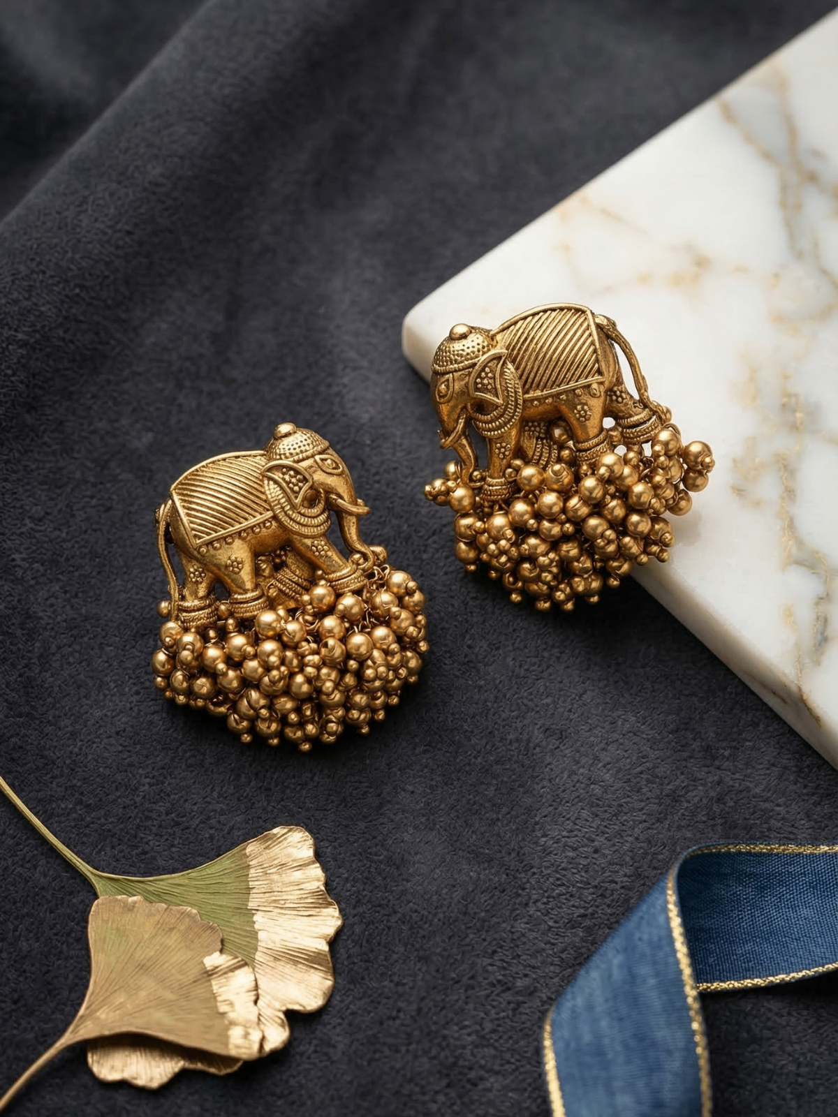 Antique Elephant Gold Bead Cluster Earrings – Temple Style Statement Studs