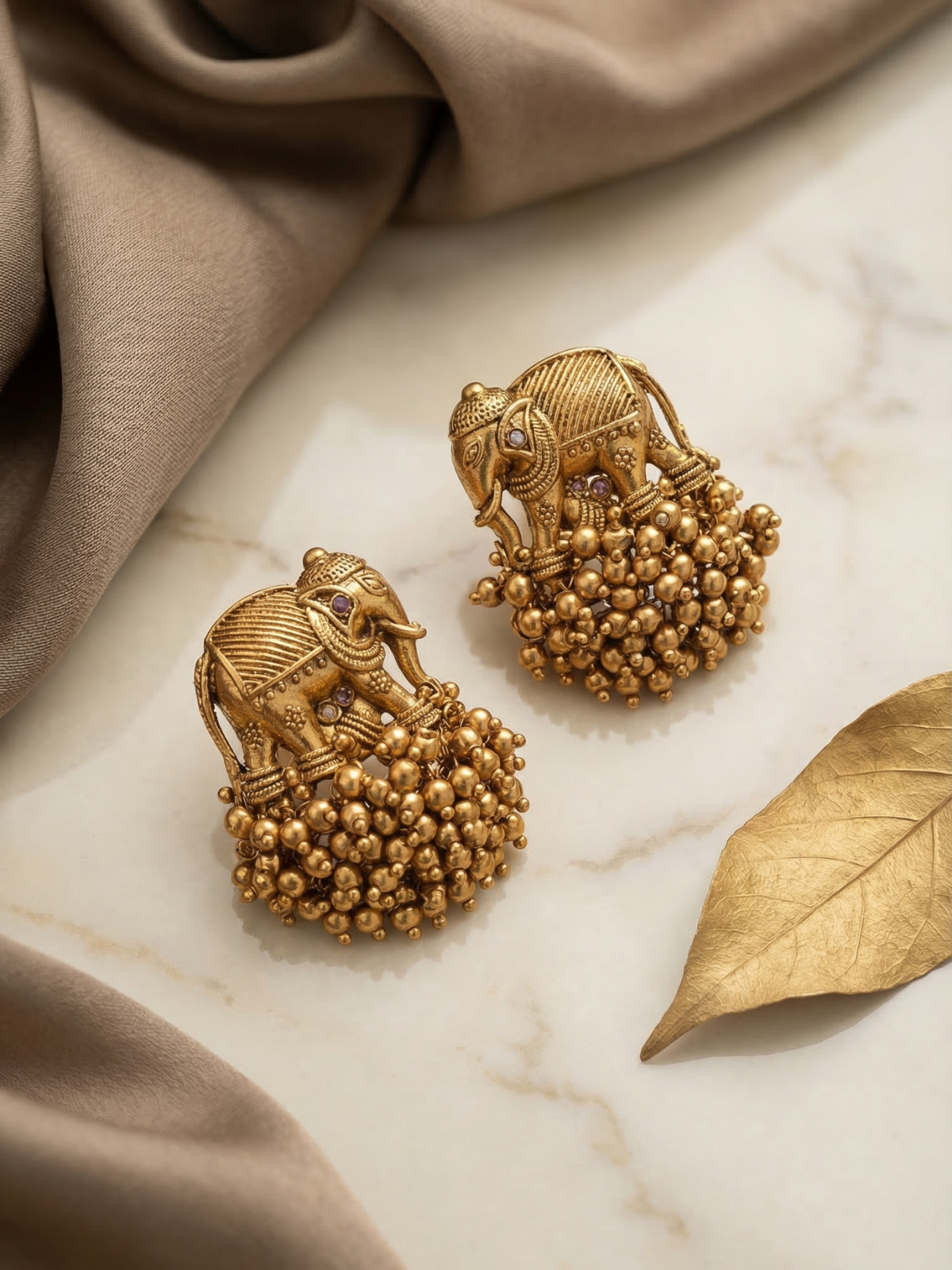 Antique Elephant Gold Bead Cluster Earrings – Temple Style Statement Studs