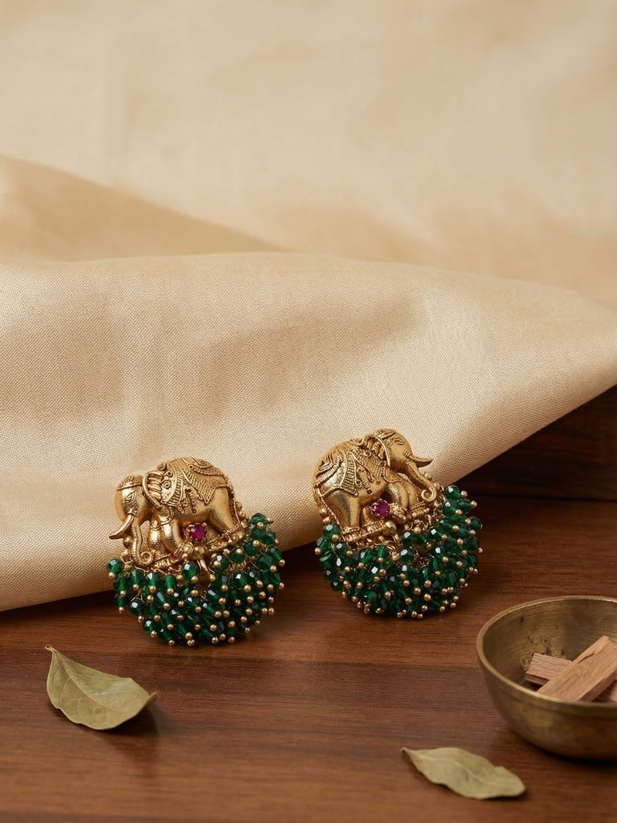 Antique Elephant Emerald Bead Cluster Earrings – Temple Style Statement Studs