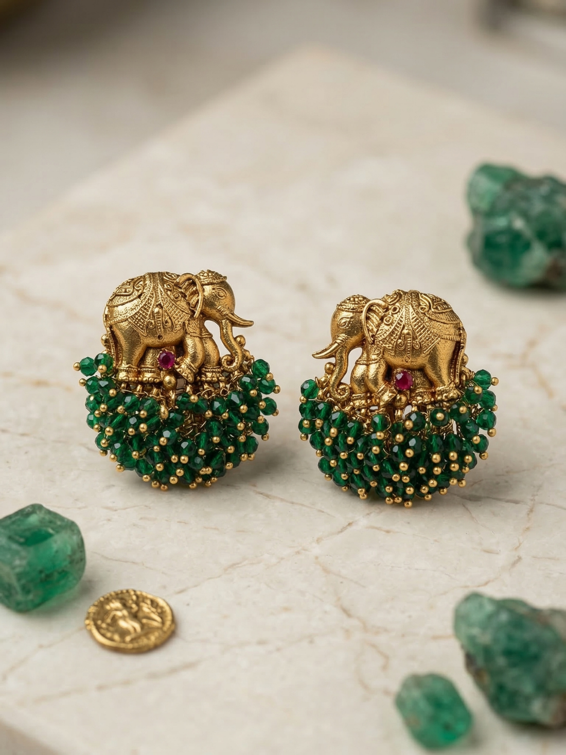 Antique Elephant Emerald Bead Cluster Earrings – Temple Style Statement Studs