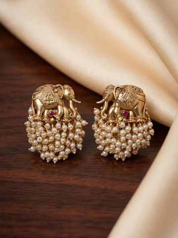 Antique Elephant Earrings with White Bead Cluster and Ruby Stone