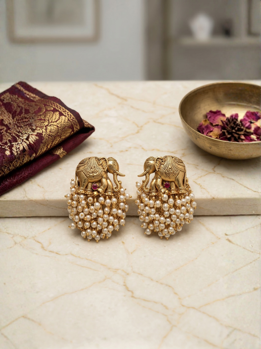 Antique Elephant Earrings with White Bead Cluster and Ruby Stone